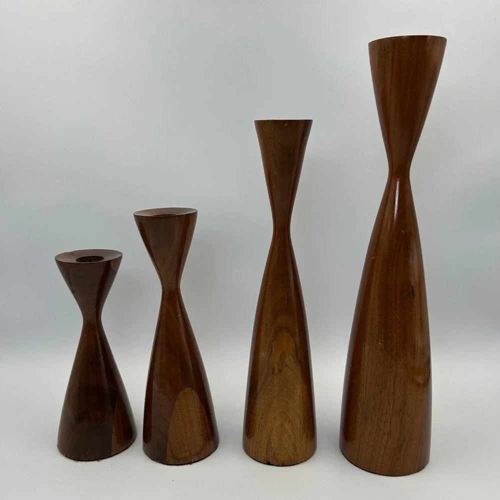 Vintage MCM Rude Osolnik Walnut Hourglass Candlesticks Graduated Set of 4 Modern
